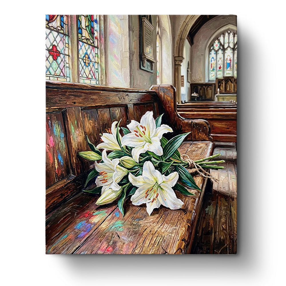 Lily Serenity in Sunlit Chapel - Flowers showcased by BestPaintByNumbers. Paint delicate white lilies on a sunlit wooden bench, capturing the essence of peace and mindfulness.