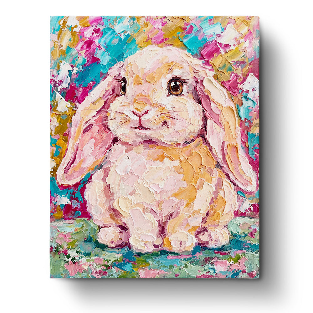 Charming Bunny Delight featuring a colorful rabbit. BestPaintByNumbers offers a mindful painting kit perfect for creativity and relaxation with vibrant pinks and blues.