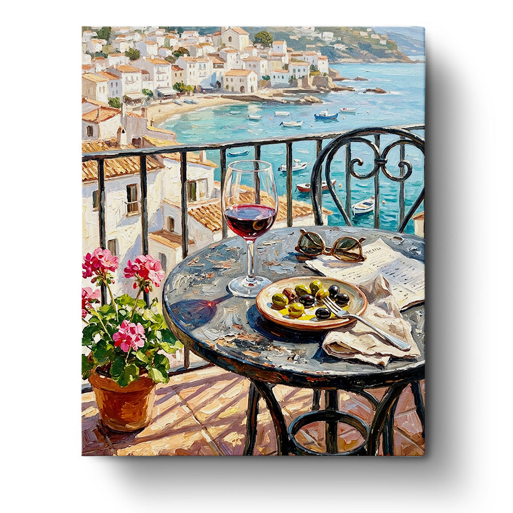 Seaside Terrace Afternoon - Places by BestPaintByNumbers. Enjoy painting a calming seaside view with flowers and a wine glass, perfect for mindfulness and creativity.