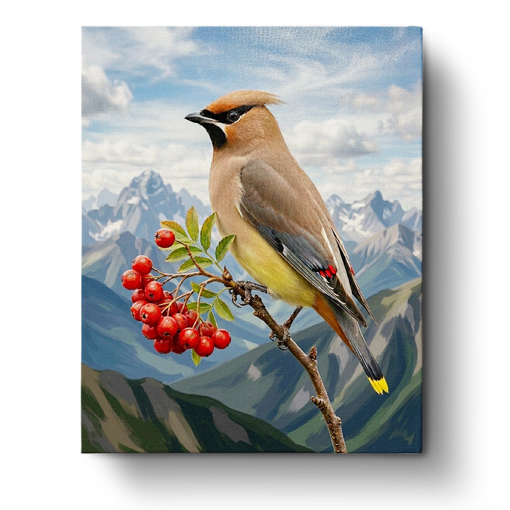 Majestic Bird with Berries by BestPaintByNumbers. A striking bird perched on a branch with vibrant red berries against a mountain landscape. Emphasizes mindfulness and creativity.