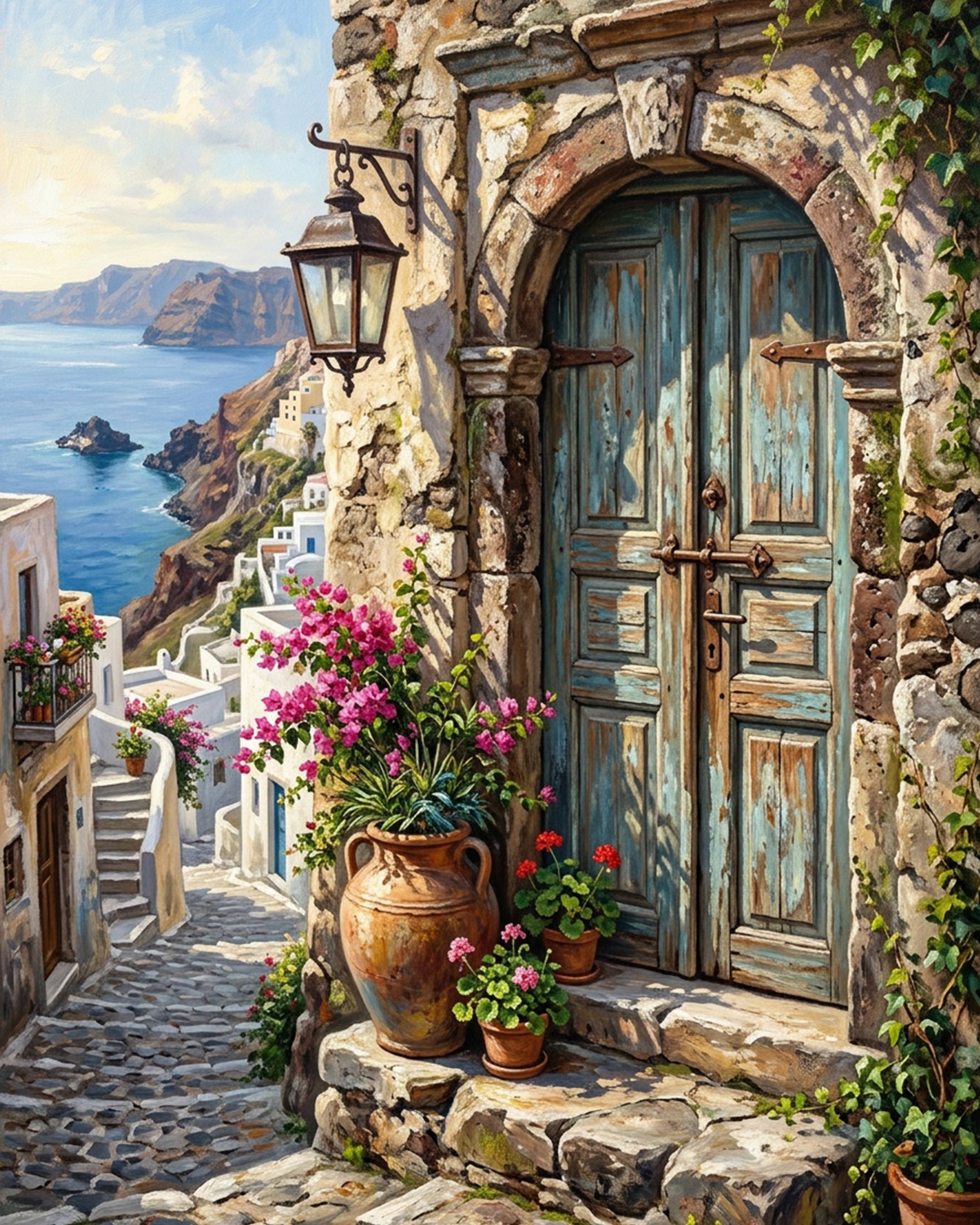 BestPaintByNumbers scenic paint by numbers kit of a Mediterranean doorway. Bright flowers and rustic architecture create a serene painting experience.