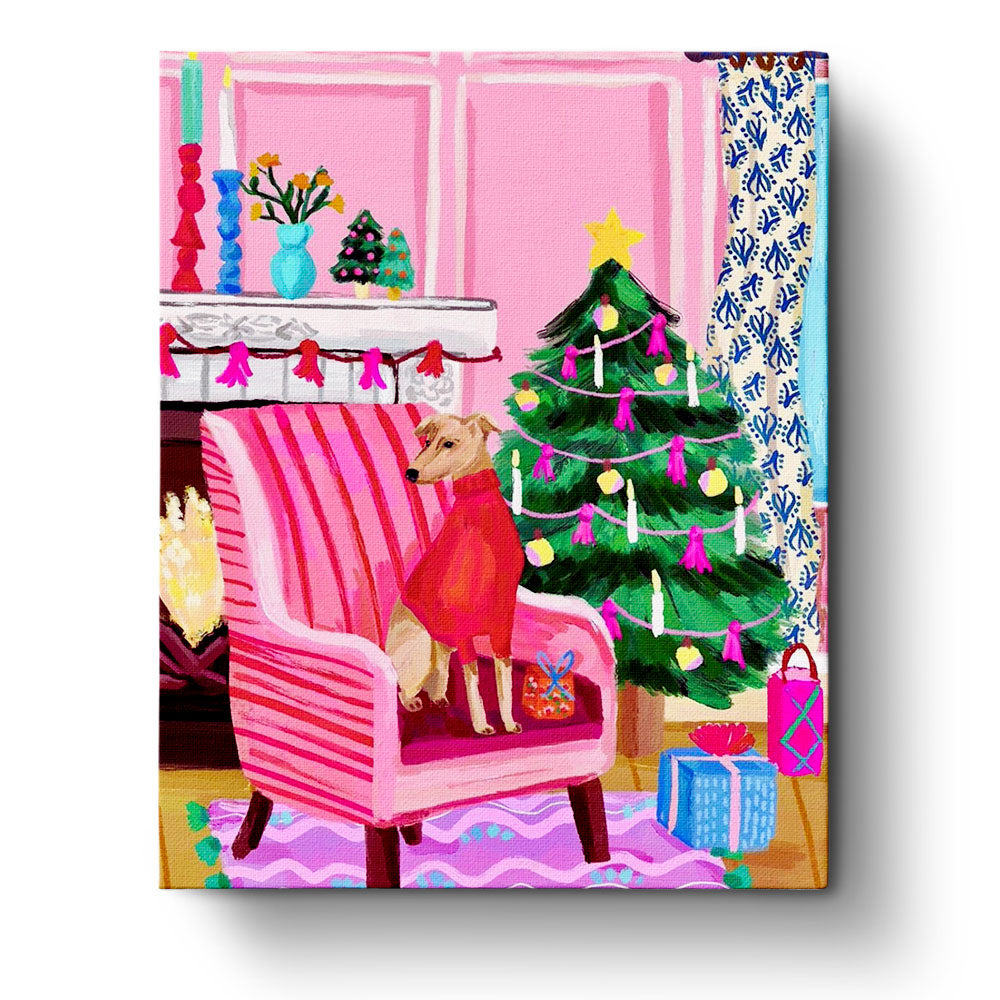 A festive dog in a cozy chair by the fireplace, next to a decorated Christmas tree. Cozy Christmas with Dog - Christmas by BestPaintByNumbers. The kit encourages mindfulness and creativity.