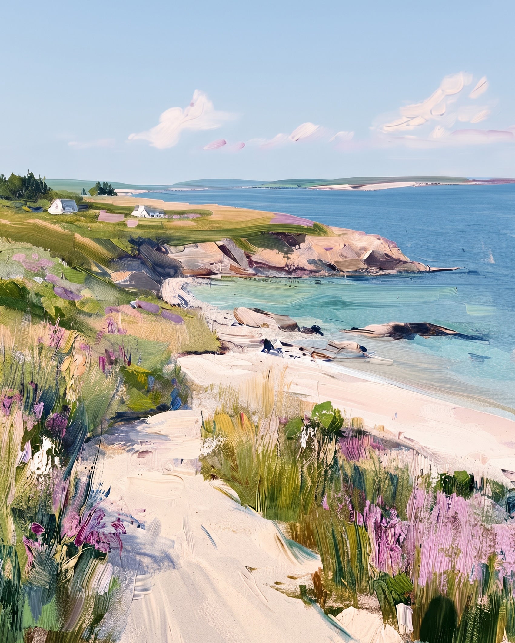 Experience the peace of seaside landscapes with clear skies and lush greenery. Paint by numbers kit for relaxation and creative mindfulness. BestPaintByNumbers branding.
