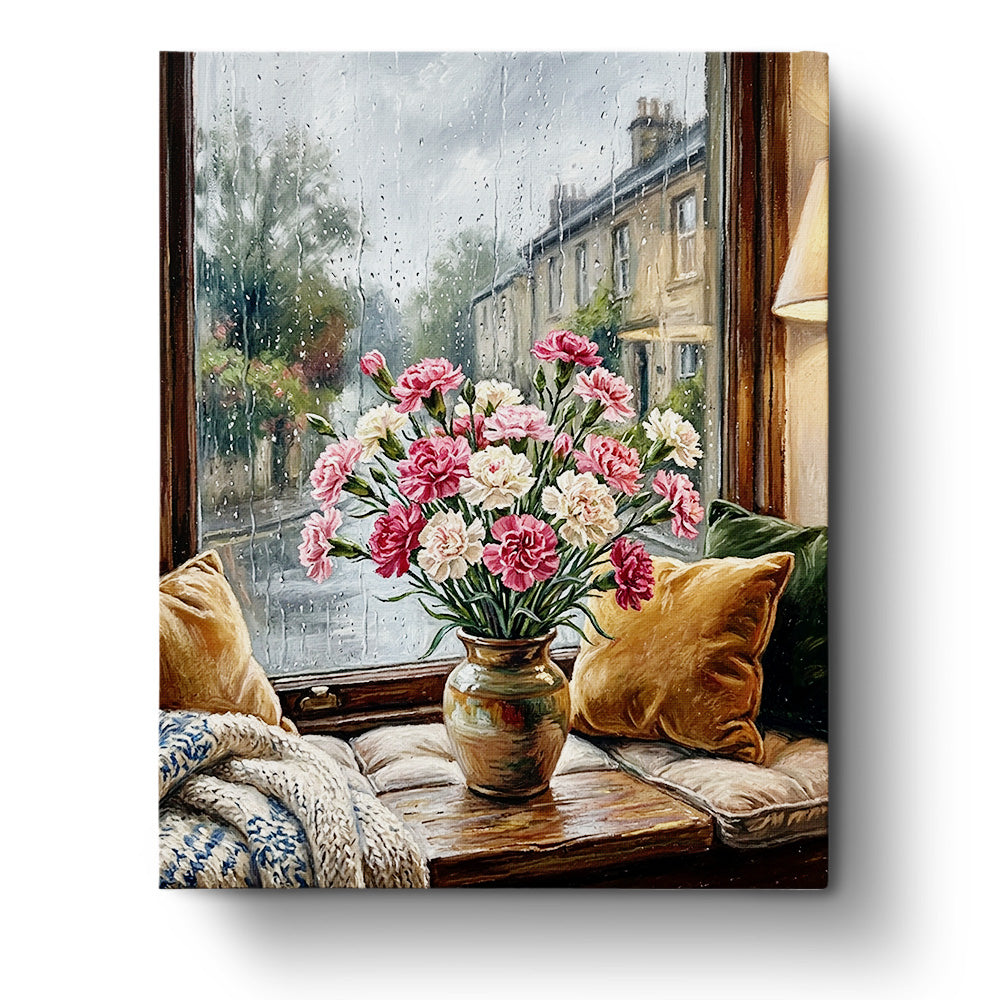 Cozy Window Carnations - Flowers paint by numbers fixed kit by BestPaintByNumbers. A vase of pink and white carnations by a rainy window, promoting relaxation and mindfulness in artistic activity.
