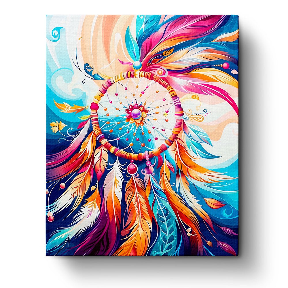Fixed kit, 24 colors, 16x20in. Dreamcatcher with vibrant feathers. Ideal for relaxing and mindful painting.