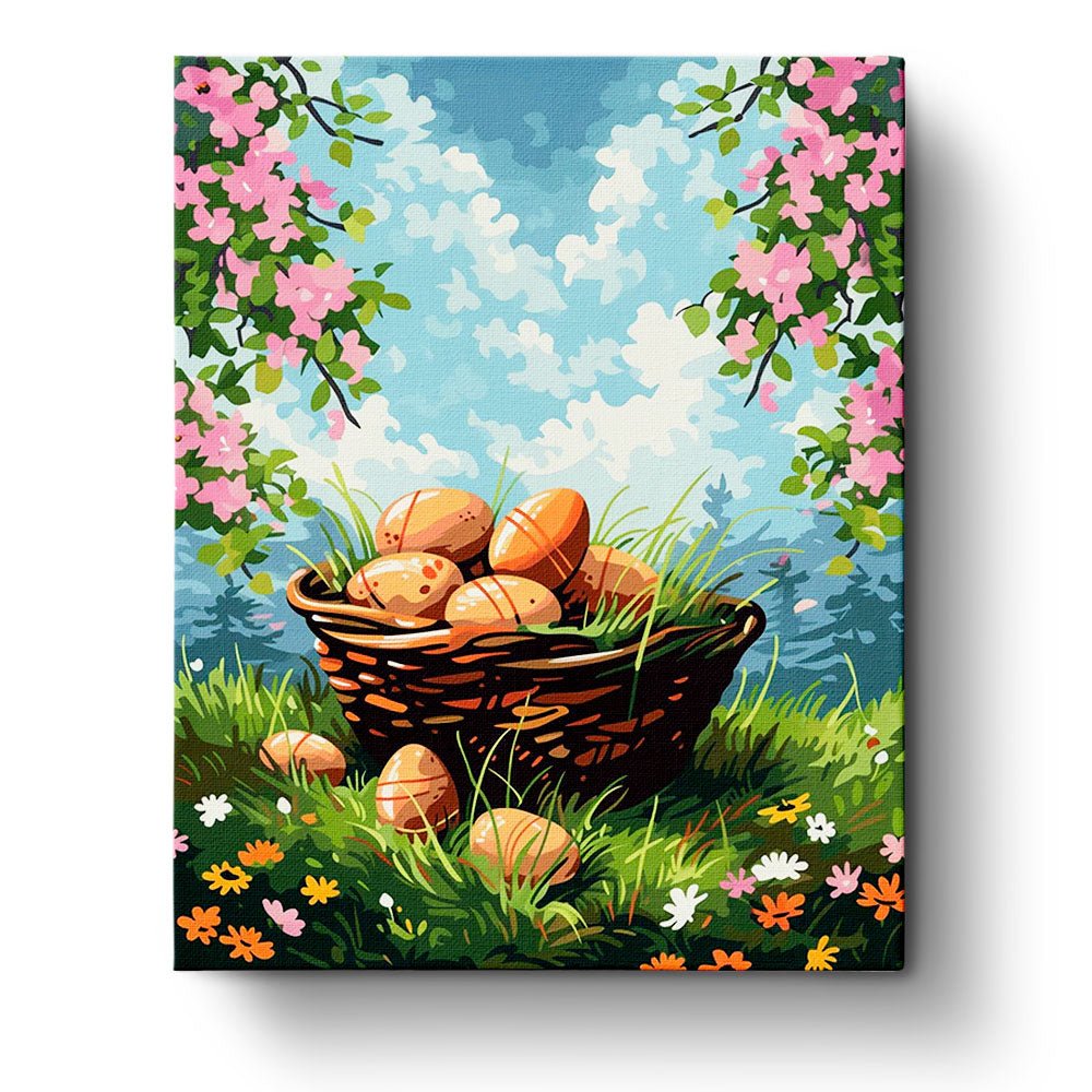 Fixed kit, 24 colors, 16x20in. Basket of eggs under blooming flowers. Enjoy a relaxing painting session.