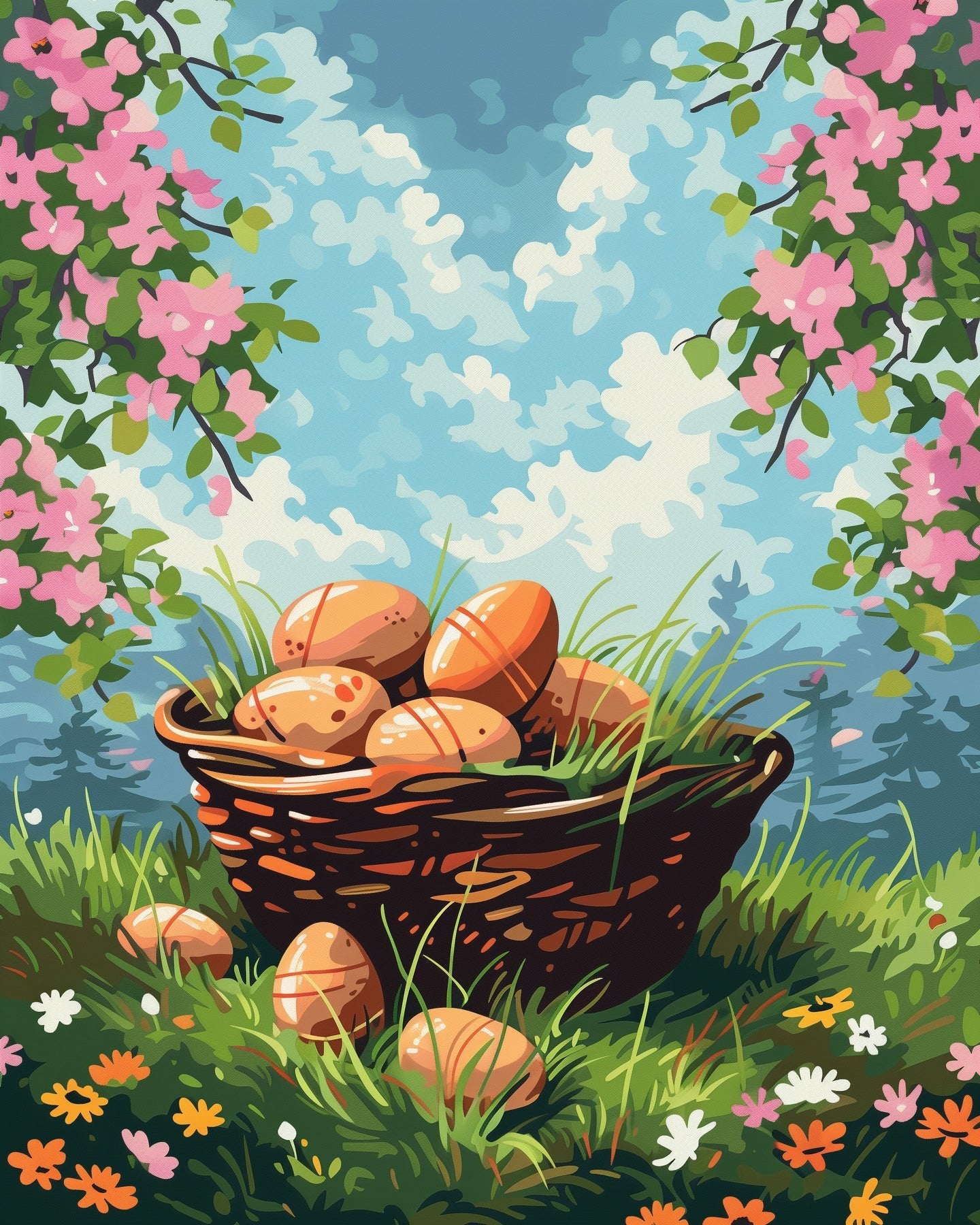 Fixed kit, 24 colors, 12x16in. Serene Easter egg basket in vibrant hues. Ideal for stress relief and creativity.