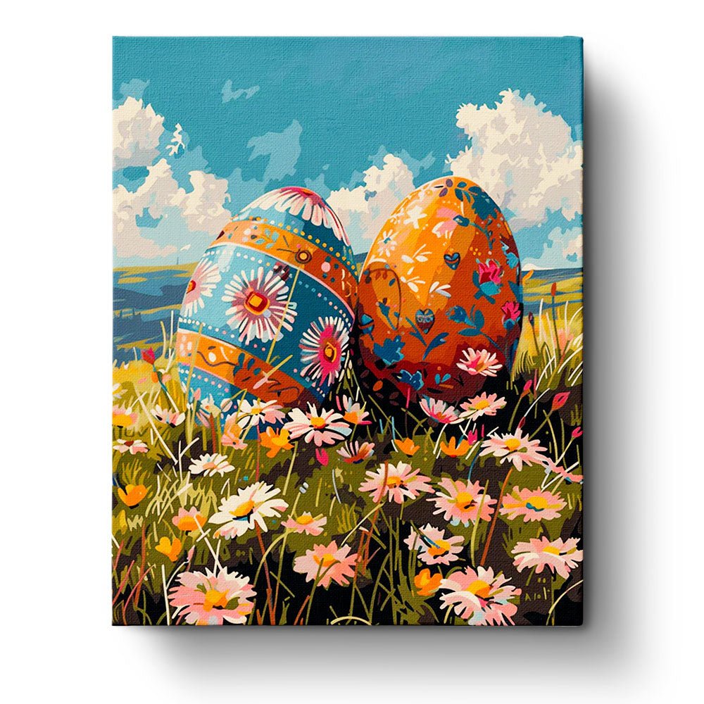Fixed paint by numbers kit, 24 colors, 12x16 in. Easter eggs in a vibrant field. Perfect mindful painting experience.