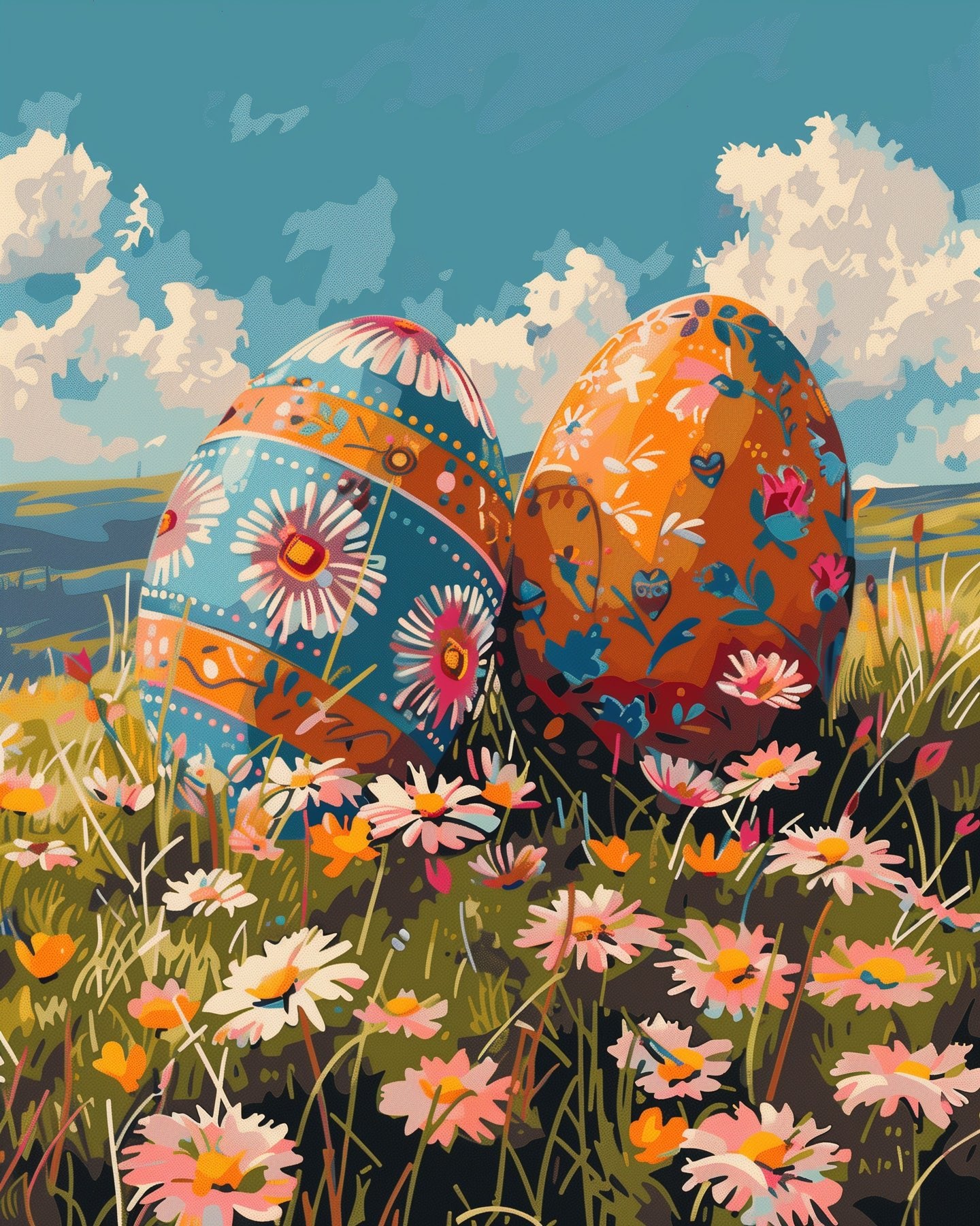24-color fixed kit, 16x20 in. Artistic Easter eggs and flowers. Ideal for relaxation and creative expression.