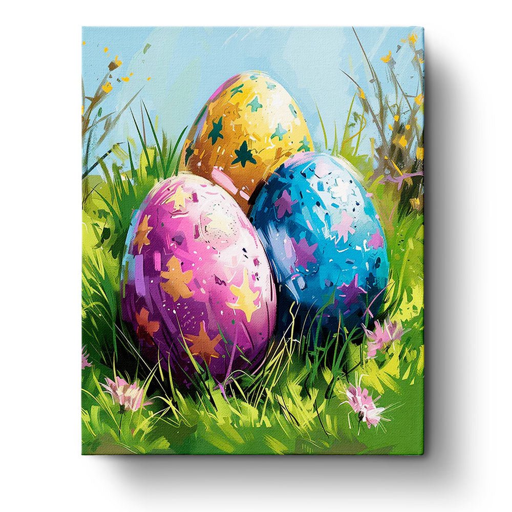 Fixed paint by numbers kit, 24 colors, 16x20in. Bright Easter eggs with floral details. Enjoy a mindful painting session.