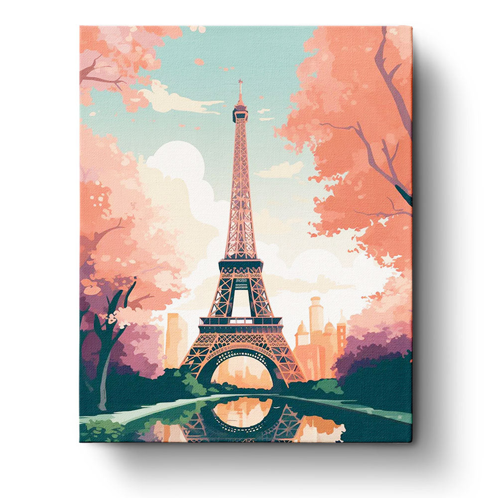 Fixed paint by numbers kit, 24 colors, 16x20in. Eiffel Tower with pink trees. A peaceful, mindful painting activity.
