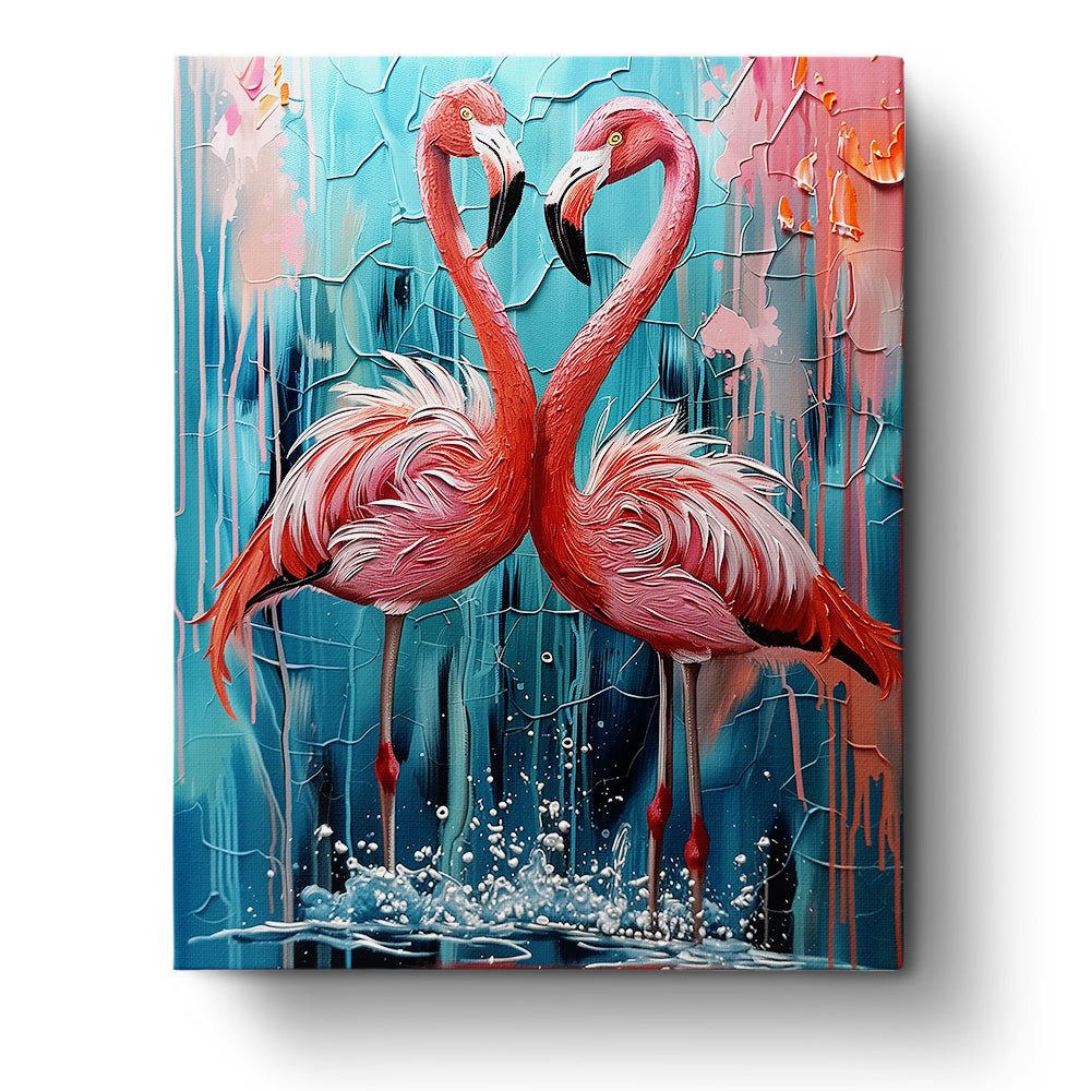 Fixed kit, 24 colors, 16x20in. Elegant flamingos with abstract pattern. Calming artistic experience.