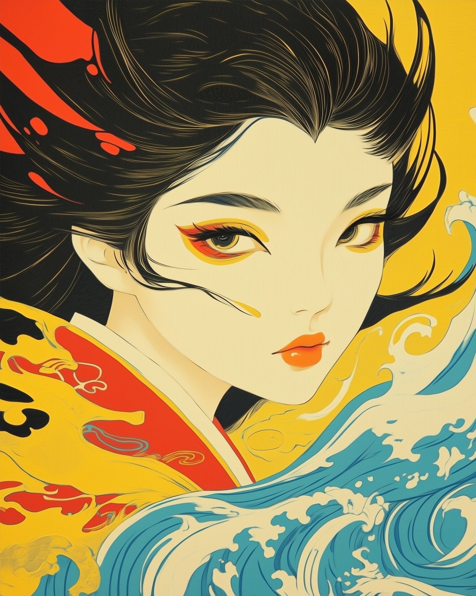Elegant Geisha in Waves - Asian Art - BestPaintByNumbers - Paint by Numbers Custom Kit