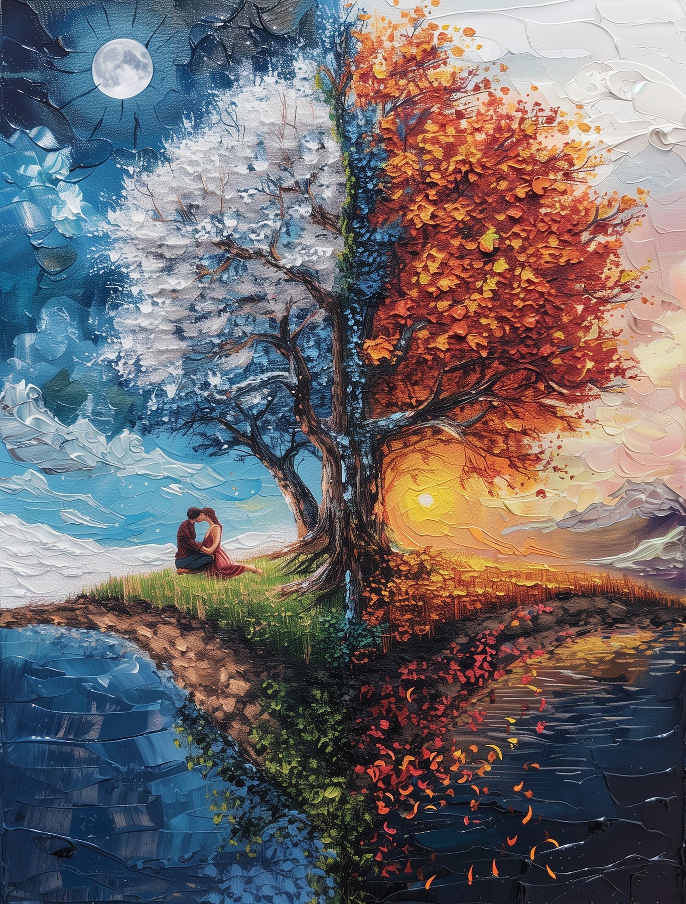 Fixed paint by numbers kit, 24 colors, 16x20in. Tree shows day and night. Perfect for relaxation and creative joy.