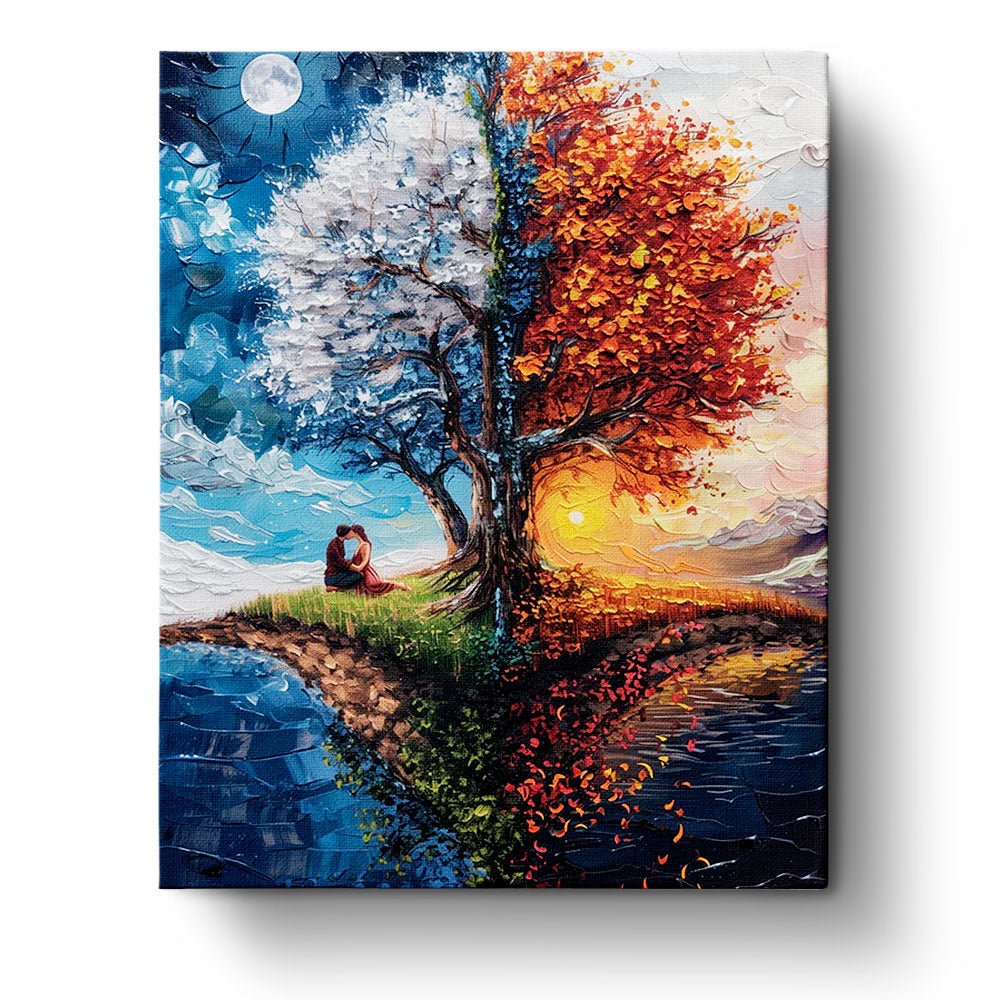 Fixed paint by numbers kit, 24 colors, 16x20in. Dual-season tree with moon and sun. Enjoy a calming painting experience.