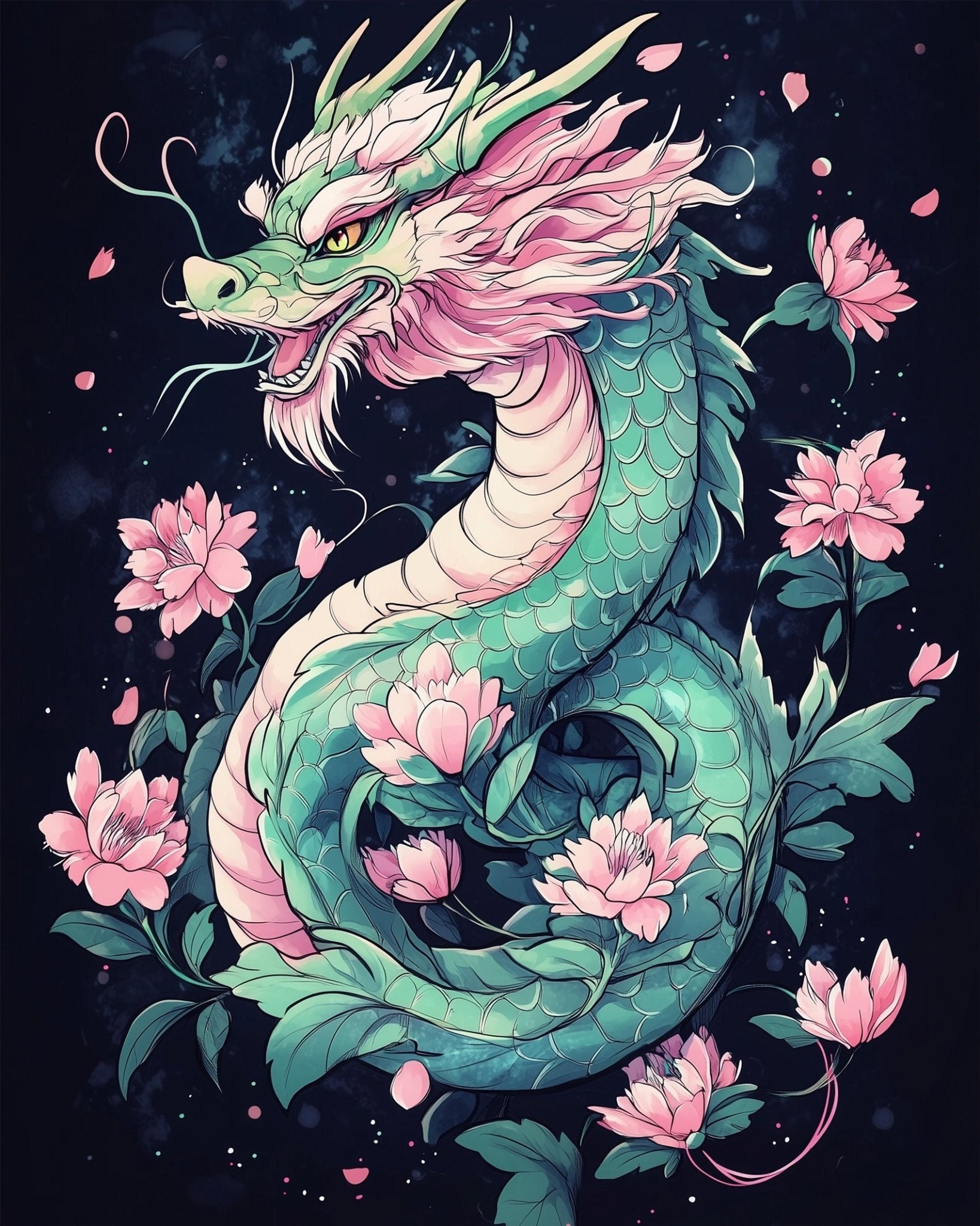 Emerald Dragon with Blossoms - Asian Art - BestPaintByNumbers - Paint by Numbers Custom Kit