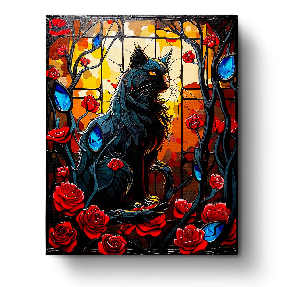 Fixed paint-by-number kit, 24 colors, 16x20in. Enchanted cat with roses for Halloween. Relaxing, stress-free painting.