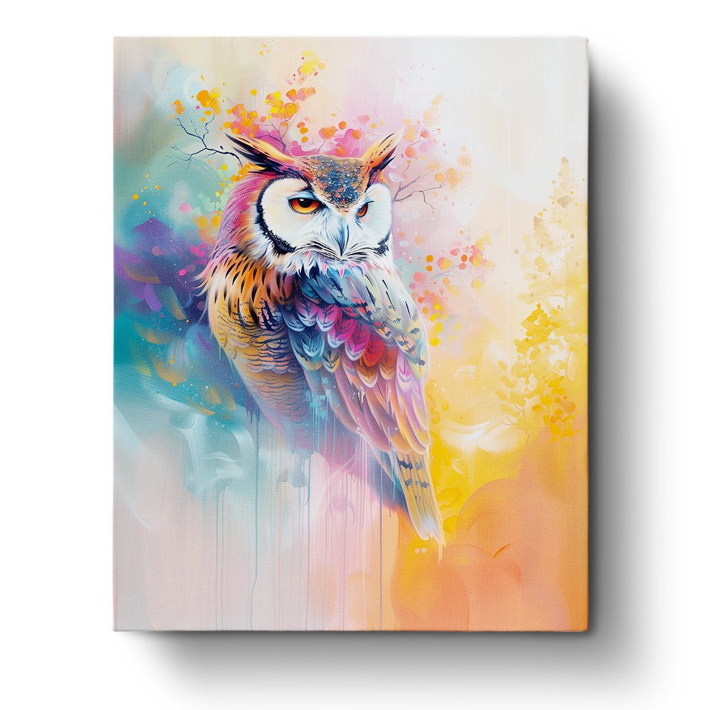 Fixed paint by numbers kit, 24 colors, 16x20in. Enchanted owl in vivid hues. Ideal for a peaceful painting experience.