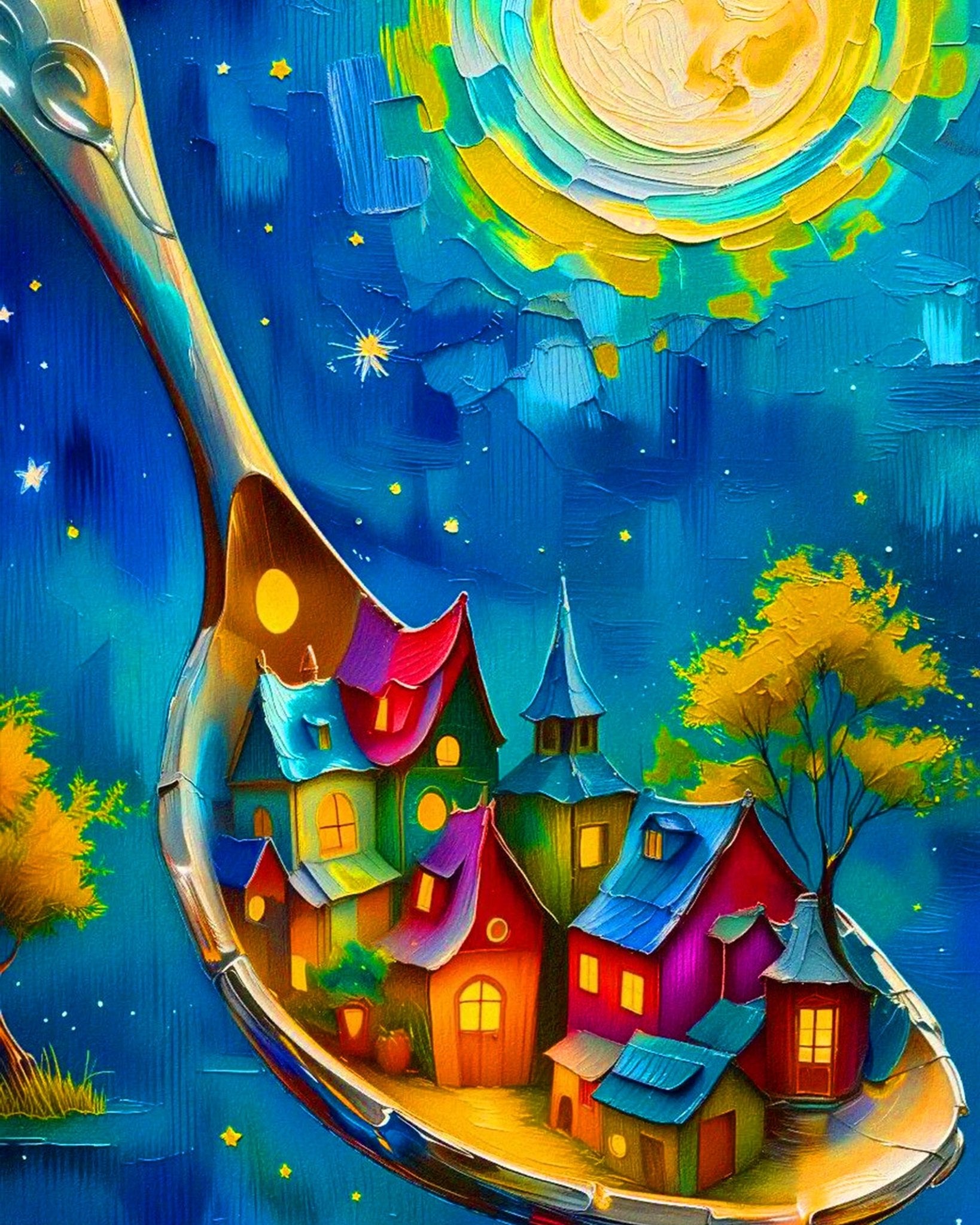 Enchanted Village on a Spoon - Surrealism - BestPaintByNumbers - Paint by Numbers Custom Kit