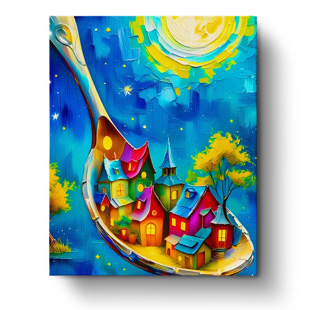 Enchanted Village on a Spoon - Surrealism - BestPaintByNumbers - Paint by Numbers Custom Kit