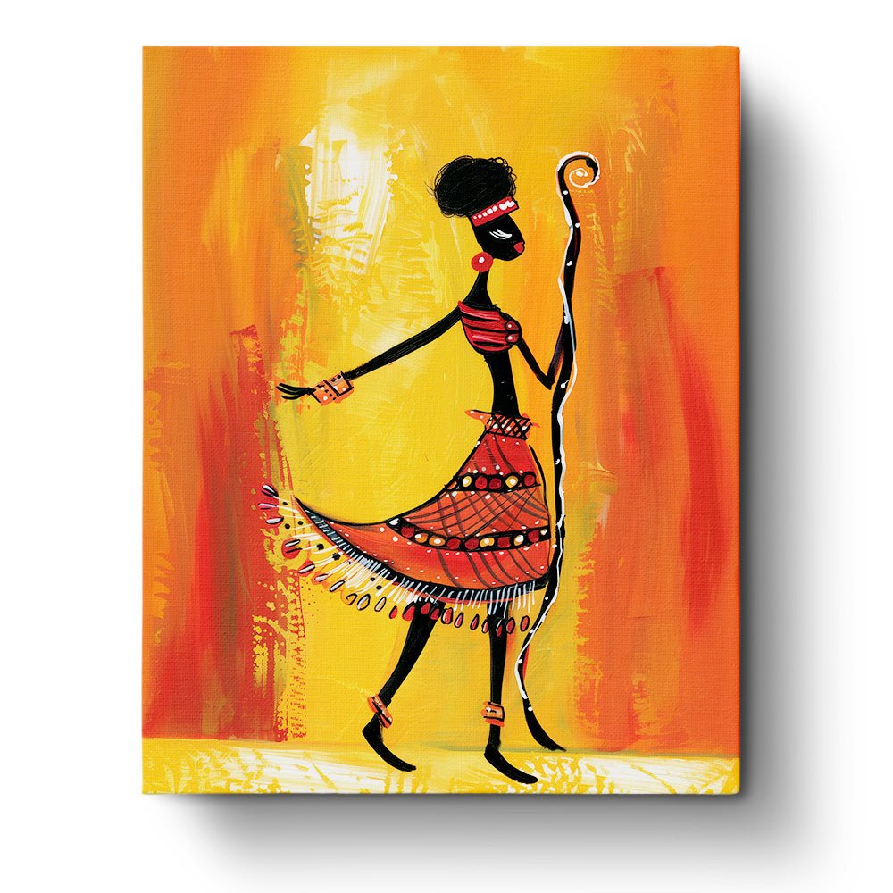 Fixed paint by numbers kit, 24 colors, 16x20in. African woman with staff, vibrant background. Stress relief art.