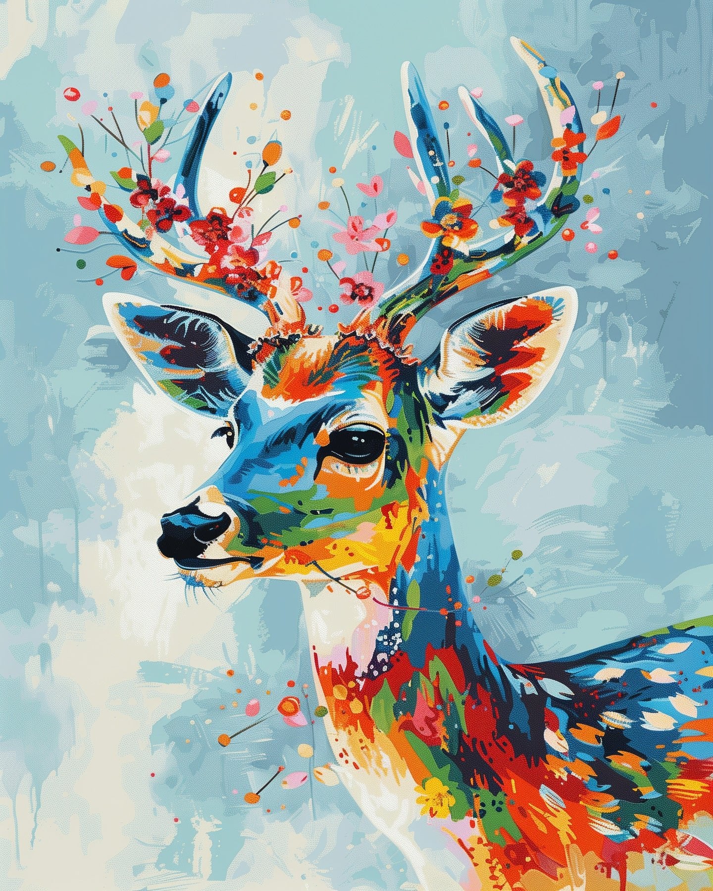 Fixed paint by numbers, 24 colors, 12x16in. Beautiful deer portrait for stress relief and mindfulness.