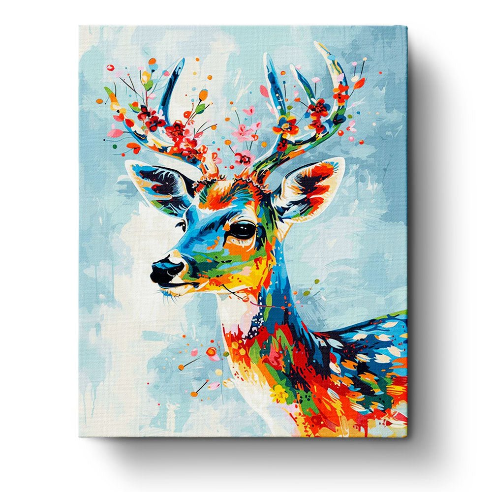 Fixed kit, 24 colors, 16x20in. Colorful deer with flowers. A calming and creative painting experience.