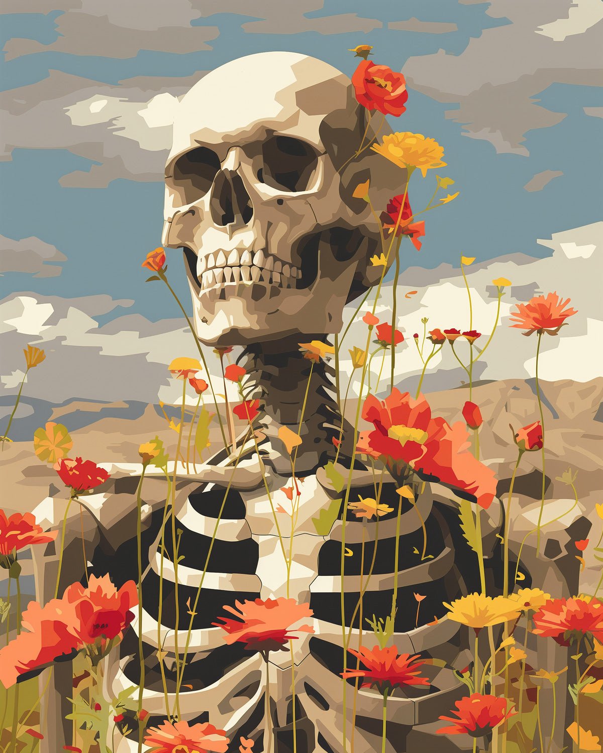 Fixed paint by numbers kit, 24 colors, 16x20in. Skeleton in bloom. Elevate mindfulness through art.