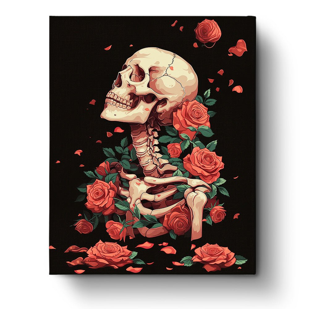 Fixed paint-by-number kit, 24 colors, 16x20in. Skeleton with roses. Stress-relieving art project.