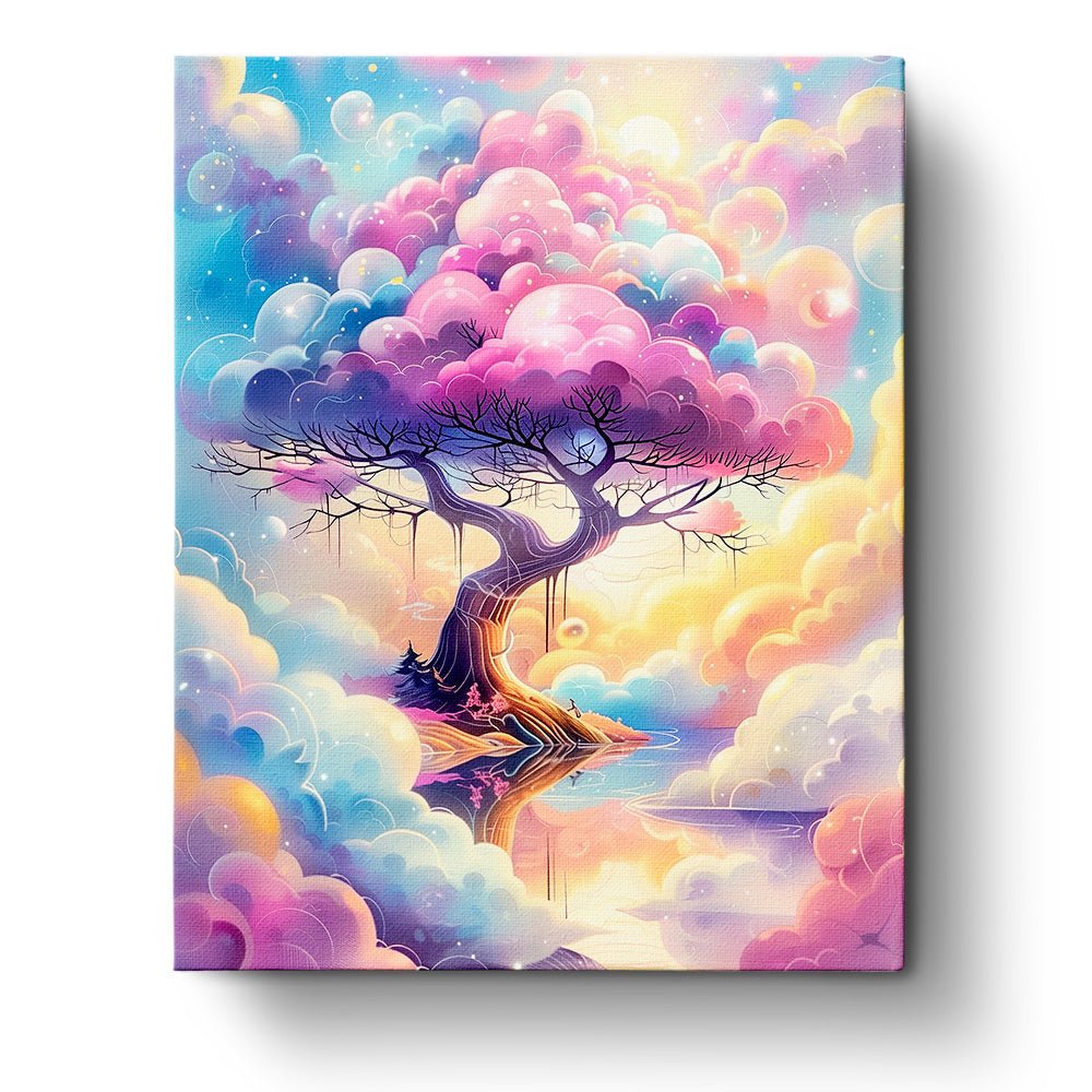 Fixed paint-by-number kit, 24 colors. Dreamy tree in pastel clouds. Perfect for a calming painting experience.