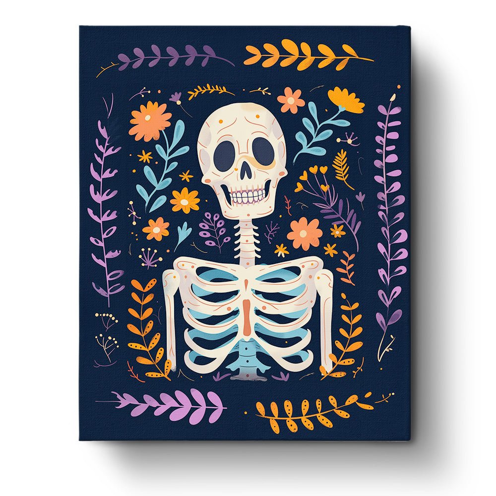 Fixed paint by numbers kit, 24 colors, 16x20in. Skeleton with flowers. Relaxing and creative art project.