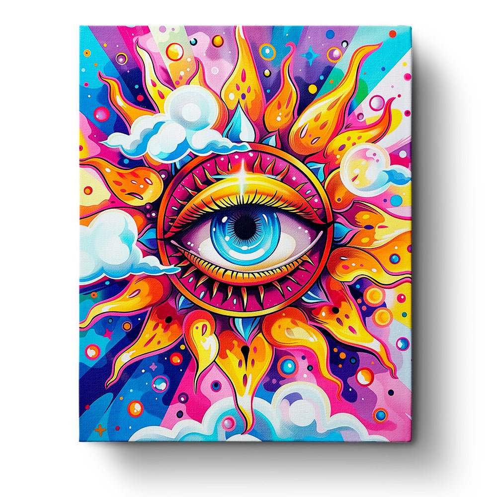 Fixed paint by number kit, 24 colors. Cosmic eye with vibrant rays. BestPaintByNumbers provides a calming experience.