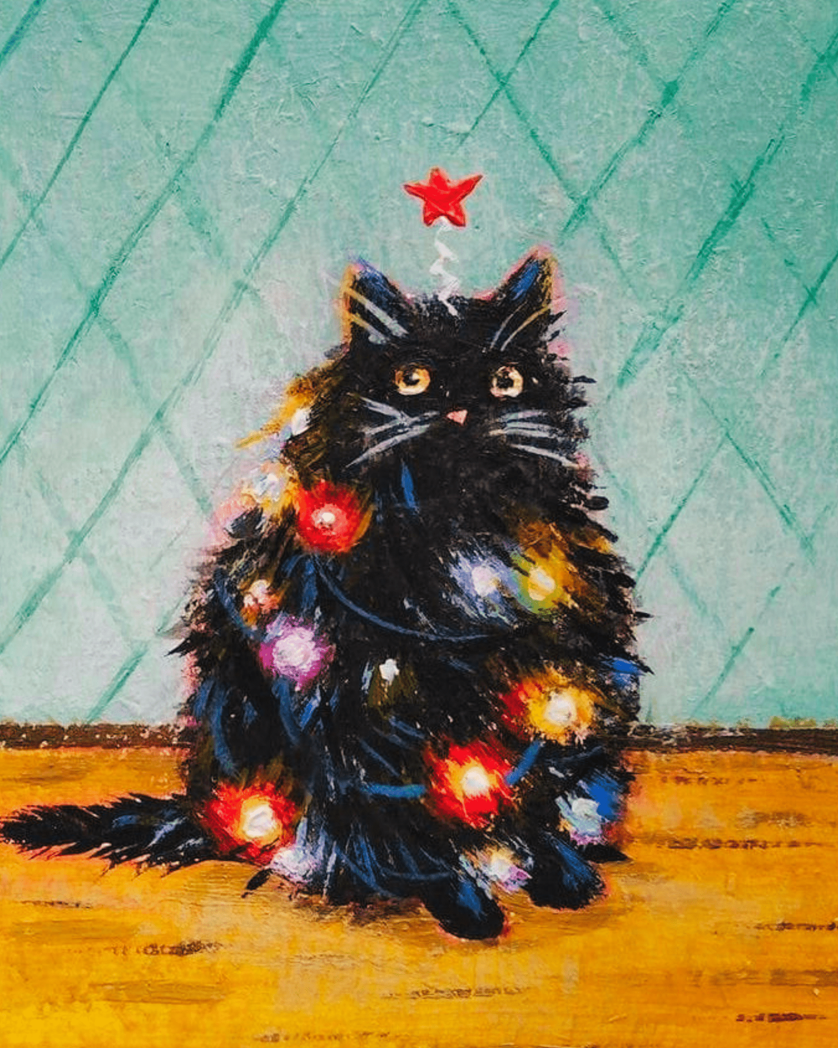 Festive Cat with Lights - Christmas - BestPaintByNumbers - Paint by Numbers Custom Kit