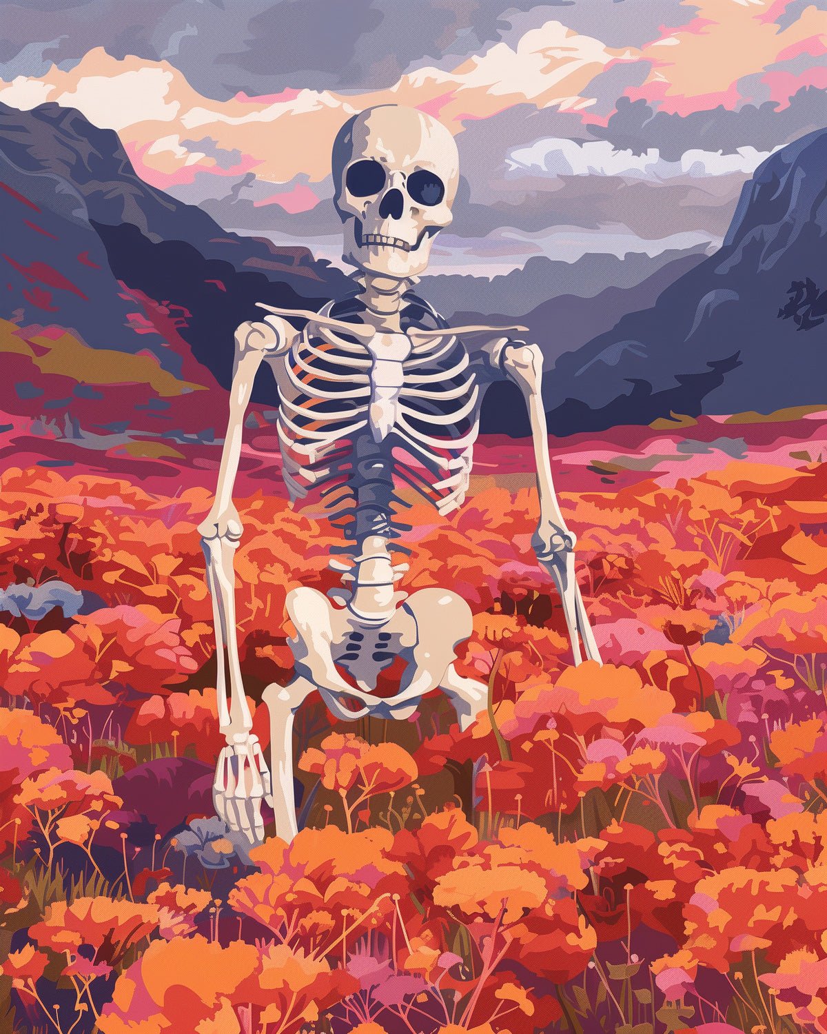 Fixed kit, 24 colors, 16x20in. Skeleton amidst bold floral landscape. Ideal for relaxation and mindfulness.