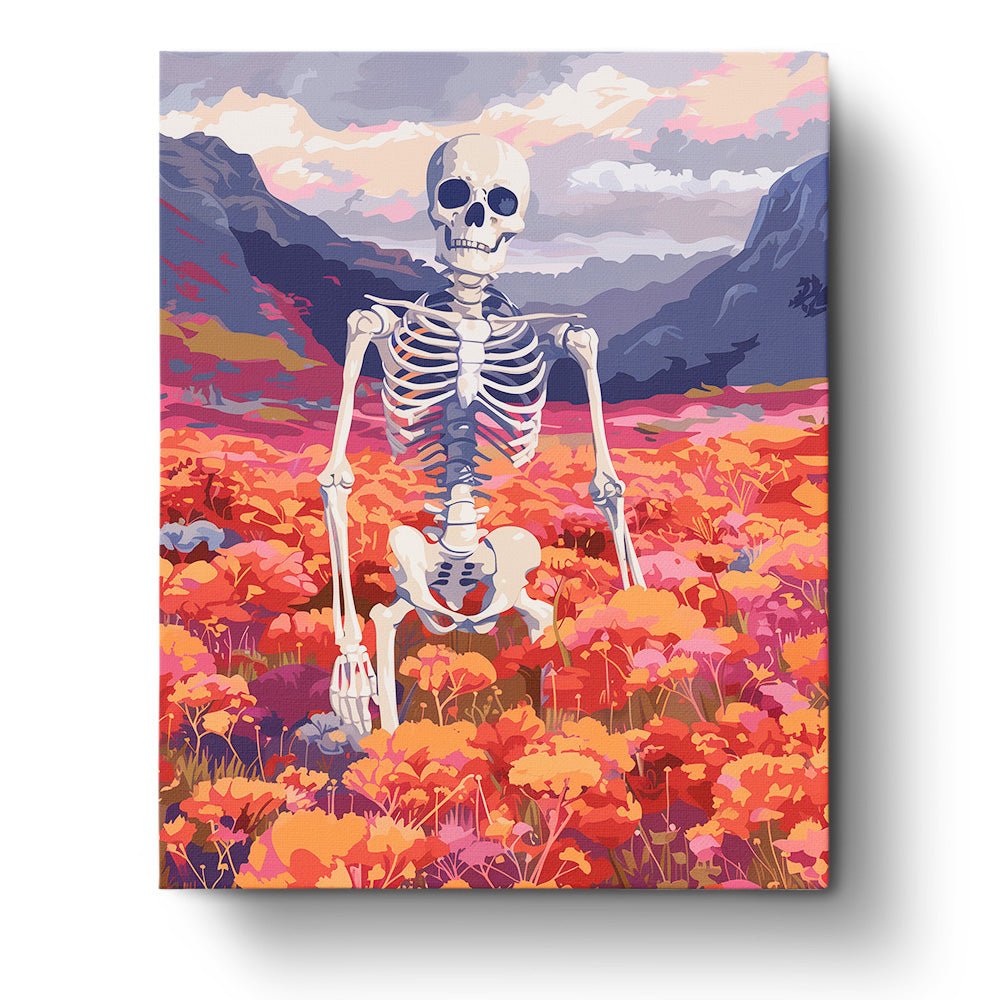 Fixed paint-by-number kit, 24 colors, 16x20in. Skeleton in a field of vibrant flowers. Meditative and creative pastime.