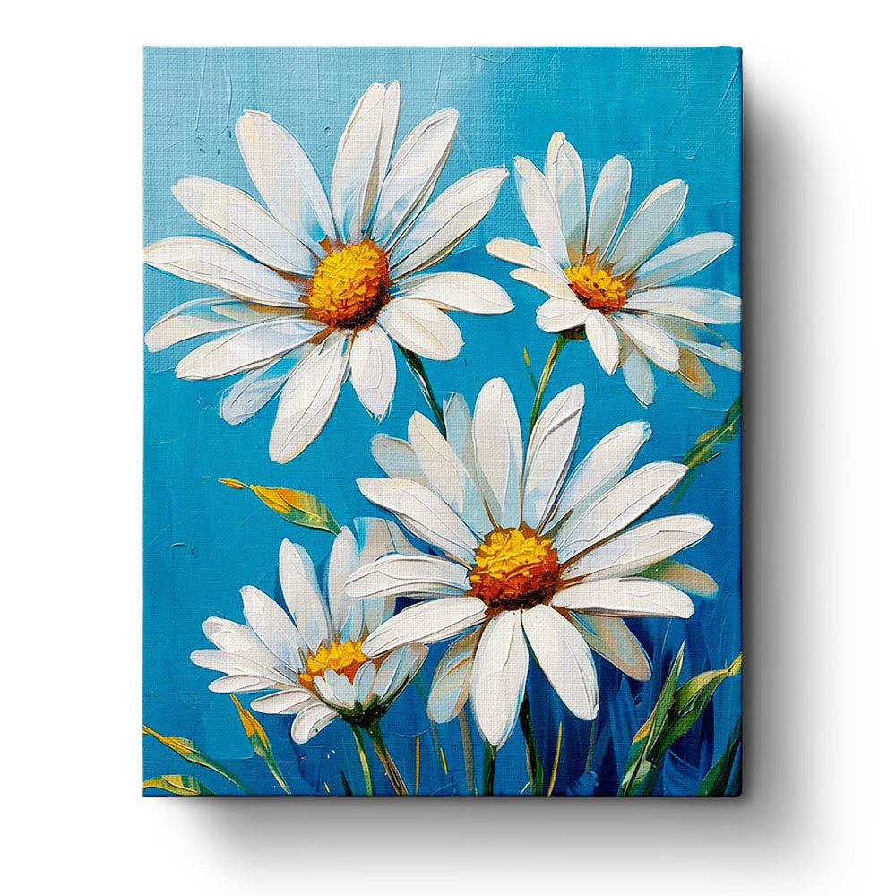 Fixed kit, 24 colors, 12x16in. White daisies with bold strokes against a blue sky. Ideal for mindful relaxation.