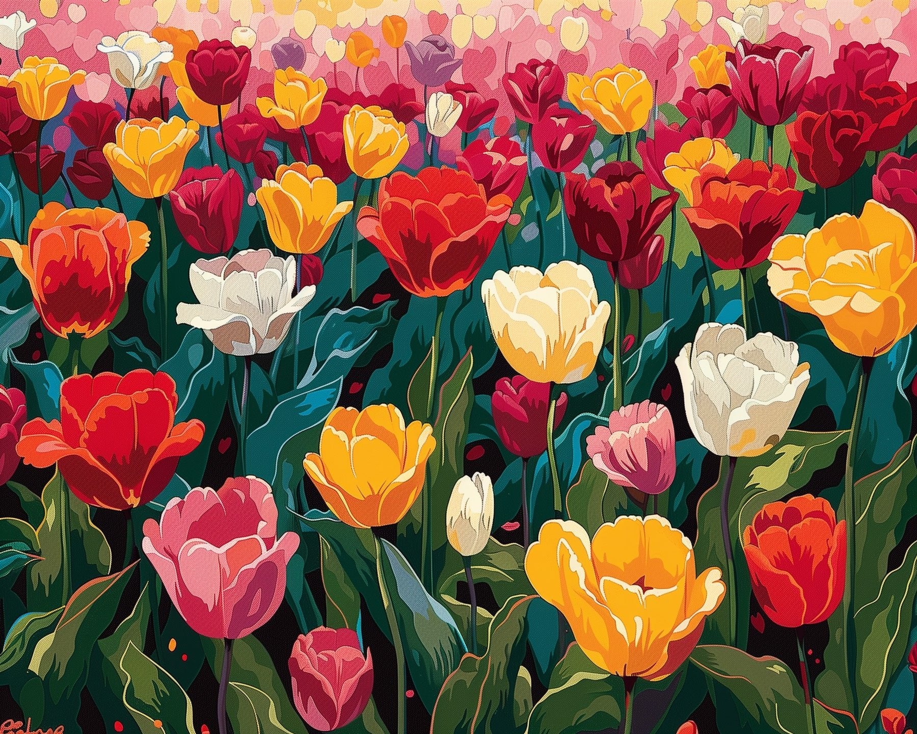 Fixed kit, 24 colors, 16x20in. Bright tulip field scene, bold strokes. Ideal for stress relief and artistic fun.