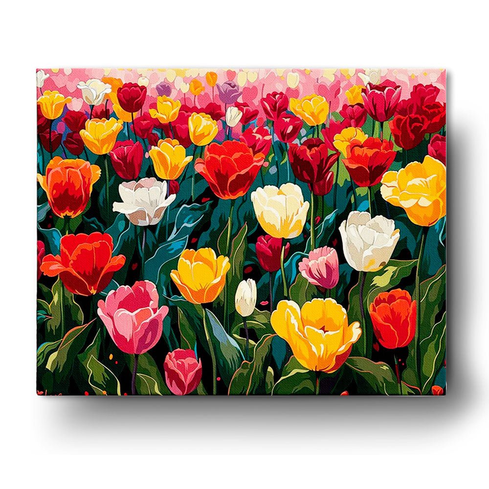 Fixed paint-by-number kit, 24 colors, 16x20in. Tulip field in vibrant hues. Perfect for relaxation and creativity.