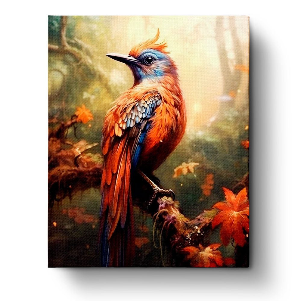 Fixed paint by numbers kit, 24 colors, 16x20in. Vibrant fire bird in a forest. Ideal for relaxation and mindfulness.