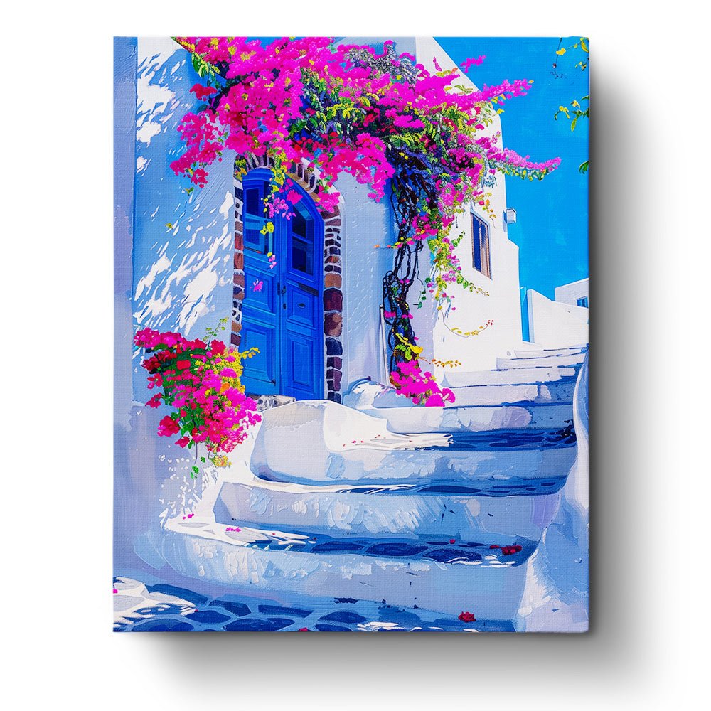 Fixed paint by numbers kit, 24 colors, 16x20in. Santorini steps with flowers, a calming and creative activity.