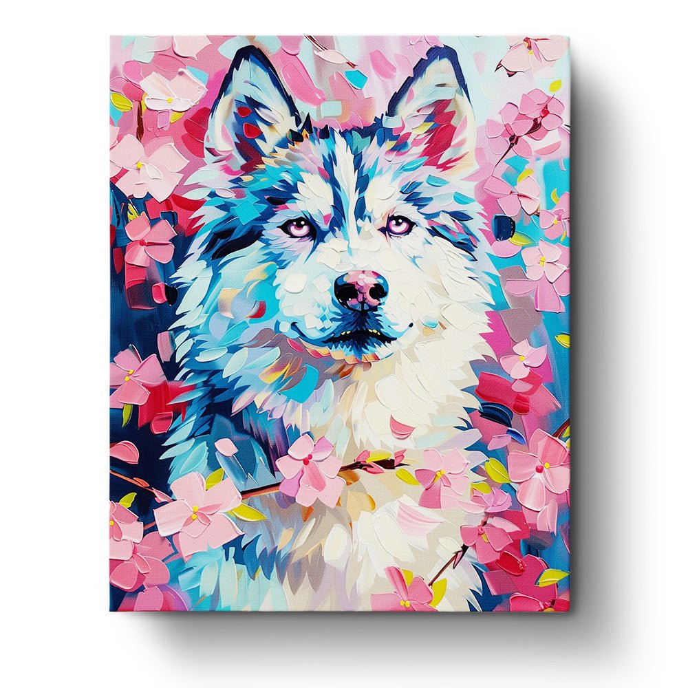 Fixed paint by numbers kit, 24 colors. Husky and cherry blossoms, bold strokes. Ideal for relaxation and creativity.