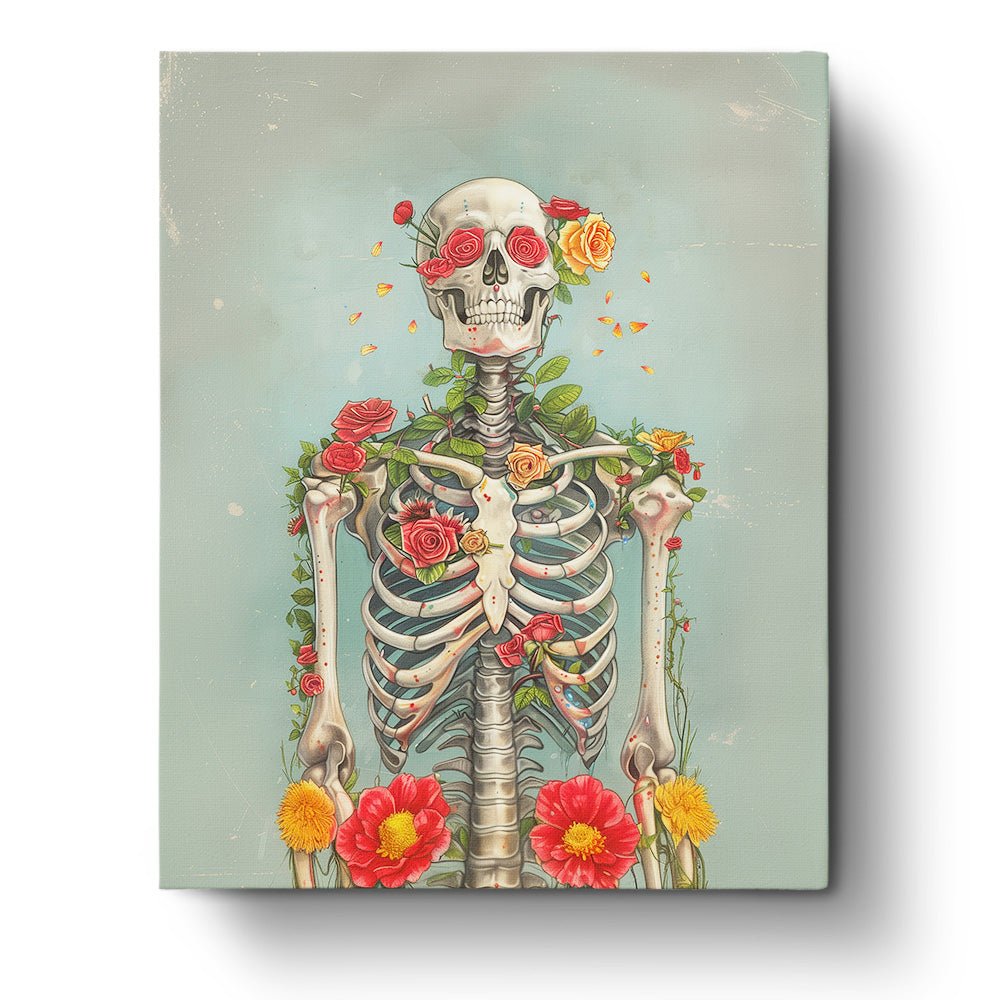 Fixed kit, 24 colors, 16x20in. Intricate floral skull with vibrant roses. Perfect for stress relief and creativity.