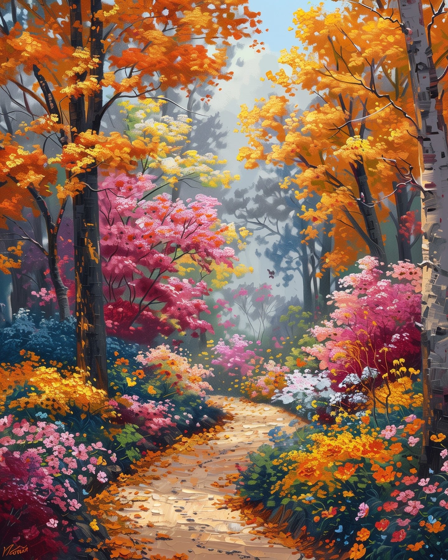 Fixed kit, 24 colors, 12x16in. Colorful woodland pathway. Enjoy a mindful and artistic painting experience.