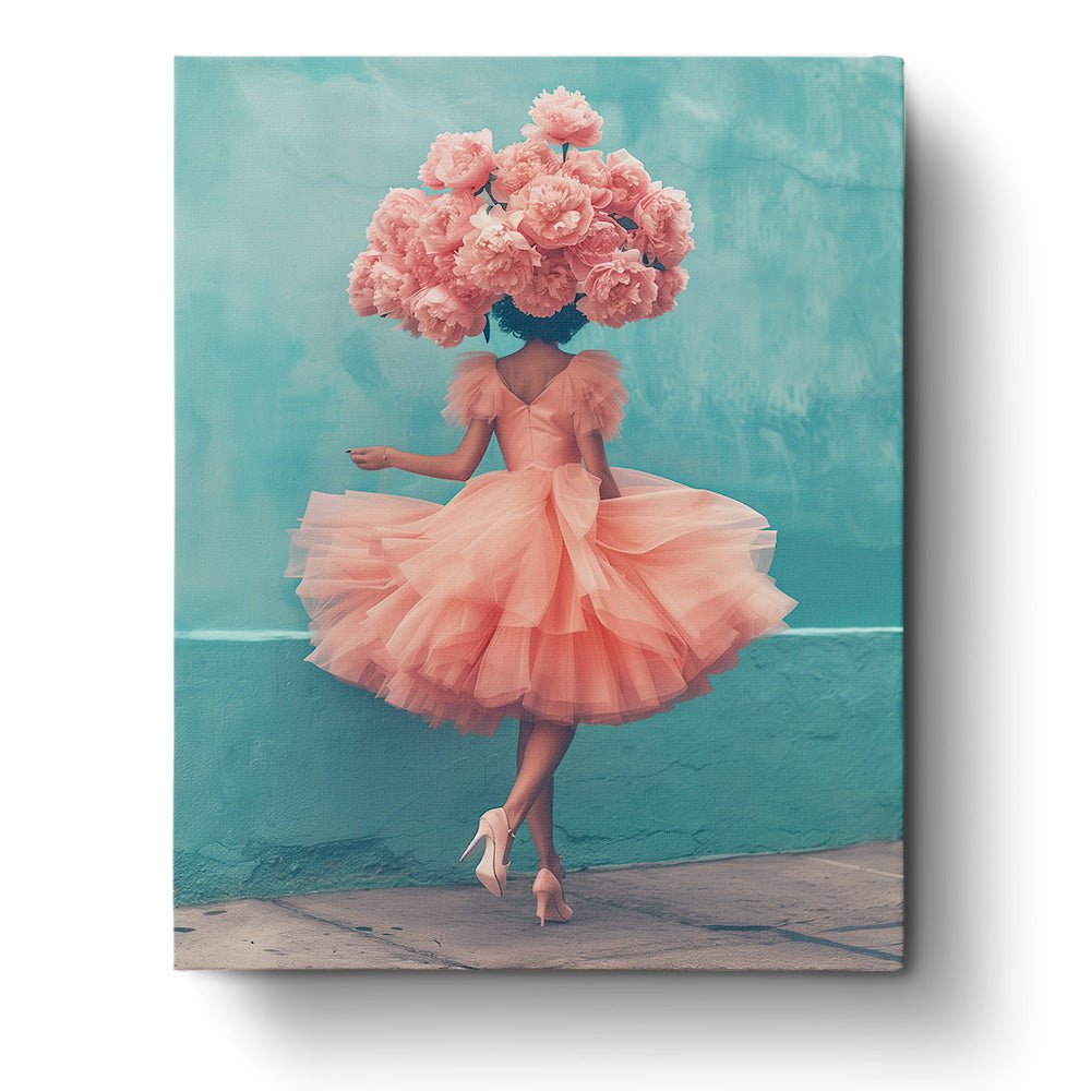 Fixed paint-by-number kit, 24 colors, 12x16in. Elegant woman with flower hat. Mindful painting experience.