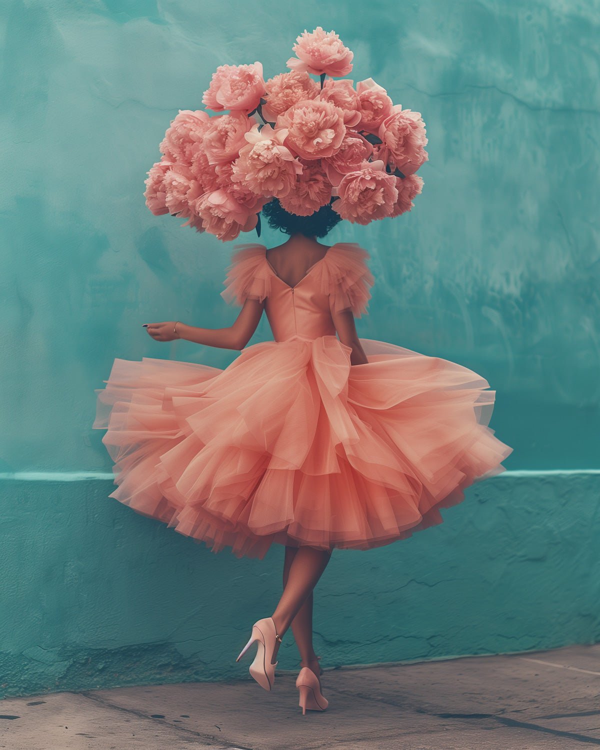 Fixed kit, 24 colors, 16x20in. Woman in a flower dress against teal wall. Perfect for relaxation and creativity.