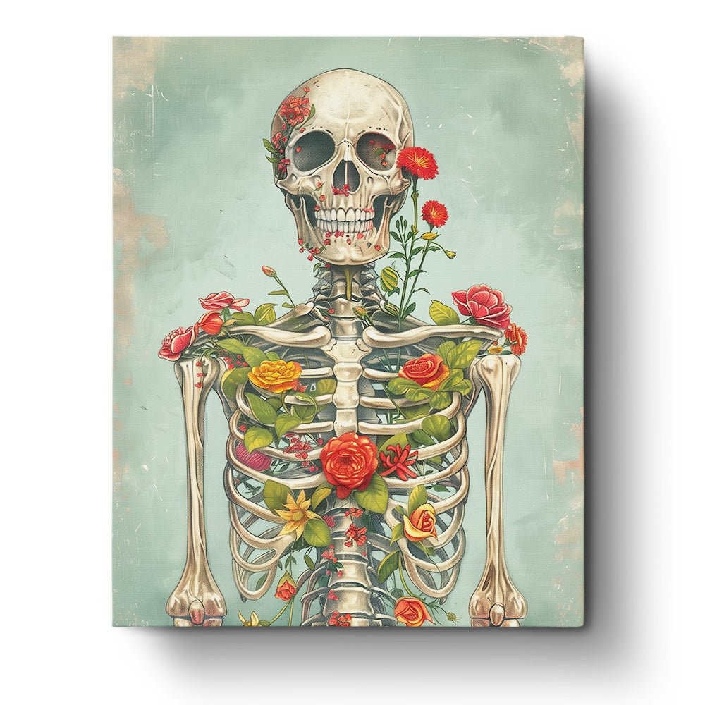 Fixed paint by number kit, 24 colors, 16x20in. Skeleton with flowers in vibrant hues. Meditative art activity.