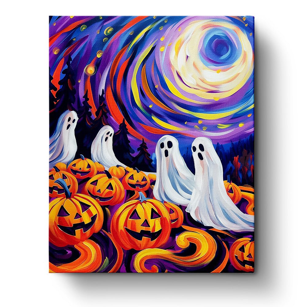 Fixed paint by numbers kit, 24 colors, 16x20in. Ghosts and pumpkins under a swirling sky. Perfect for Halloween creativity.