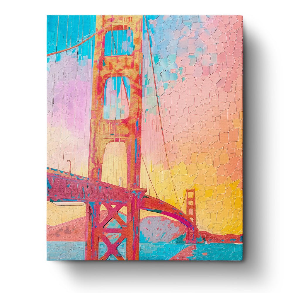 Fixed paint by numbers kit, 24 colors, 16x20in. Stunning sunset with Golden Gate Bridge. Relaxing, creative art activity.