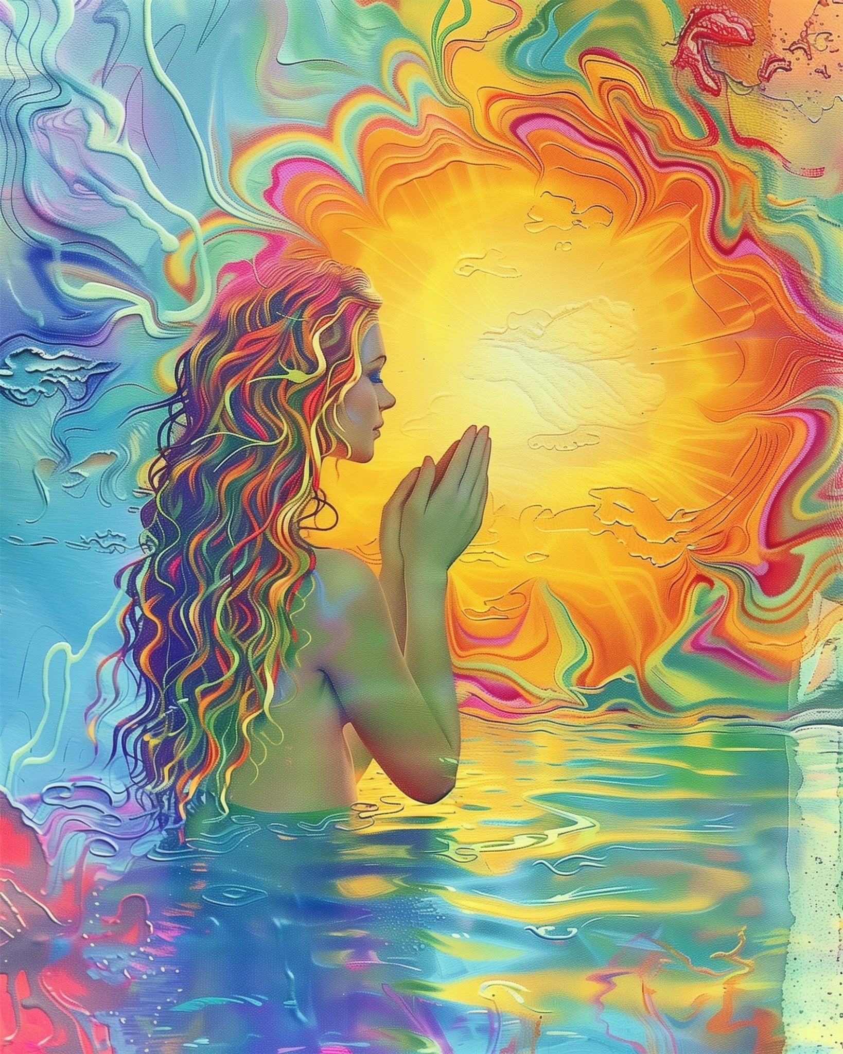 Fixed kit, 24 colors, 12x16in. Meditative sunlit woman in serene water. Perfect for stress relief and artistic flow.