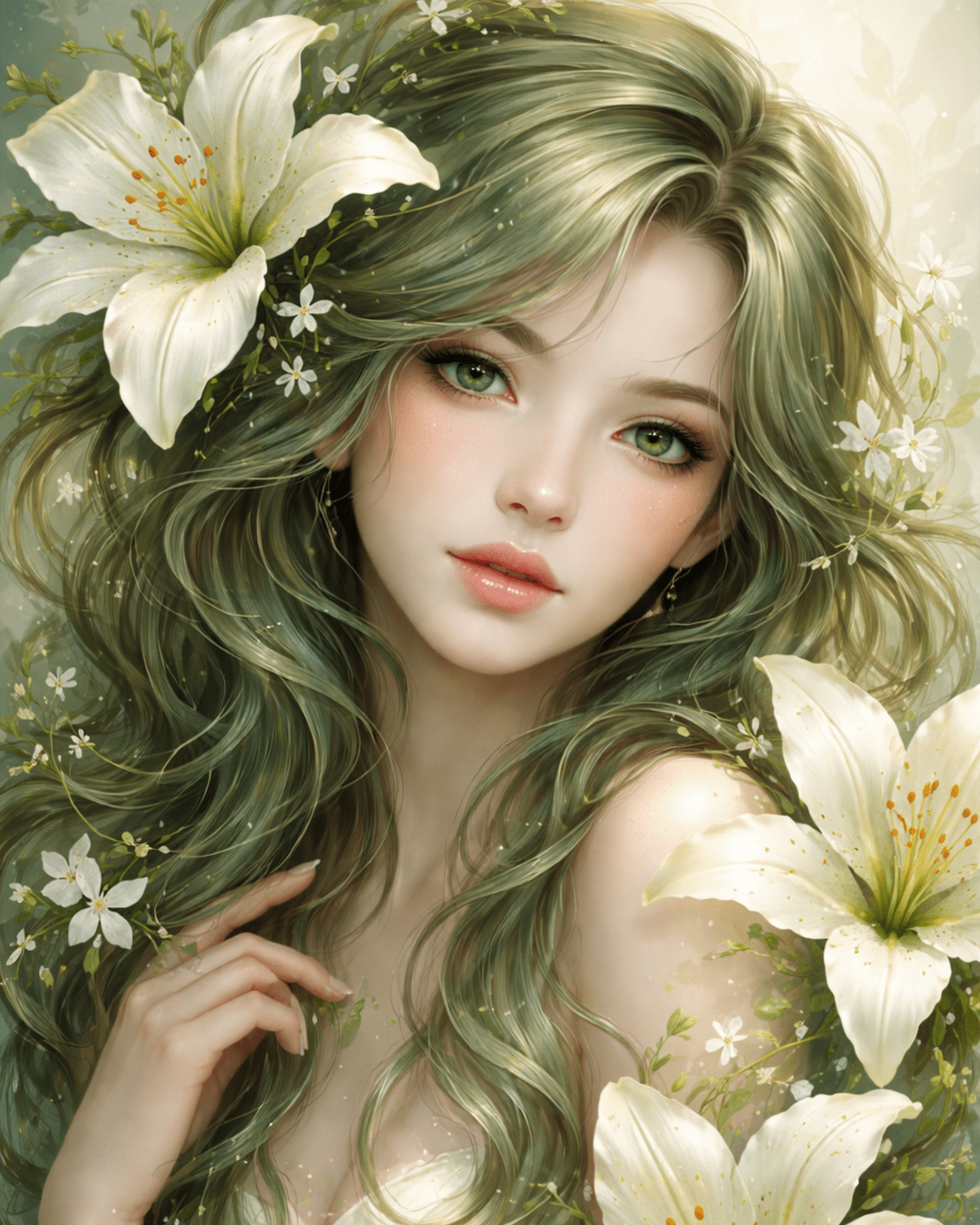 Green - Eyed Beauty with Lilies - Floral Women - BestPaintByNumbers - Paint by Numbers Custom Kit